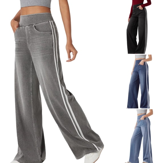 WULMLEO Women's High Waisted Wide Leg Jeans with Side Stripes Baggy Stretch Denim Pants for Casual Streetwear Gray XL