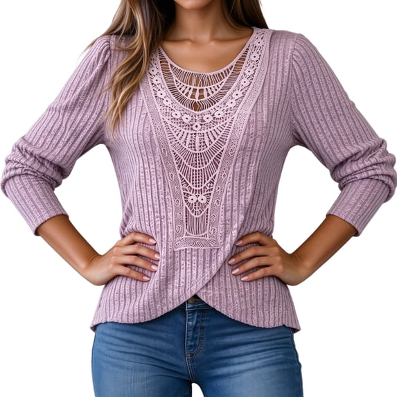 Sweater Ribbing WULMLEO Women's Lace Crochet Panel Knit Tops Long Sleeve V Neck Ribbed ...