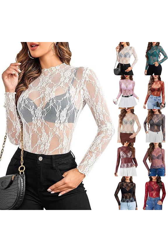 Women's Lace Long Sleeve Tops, Mock Neck Sheer Mesh Top, See Through Floral Lace Tops, Party Club Night Blouse Shirts Beige L