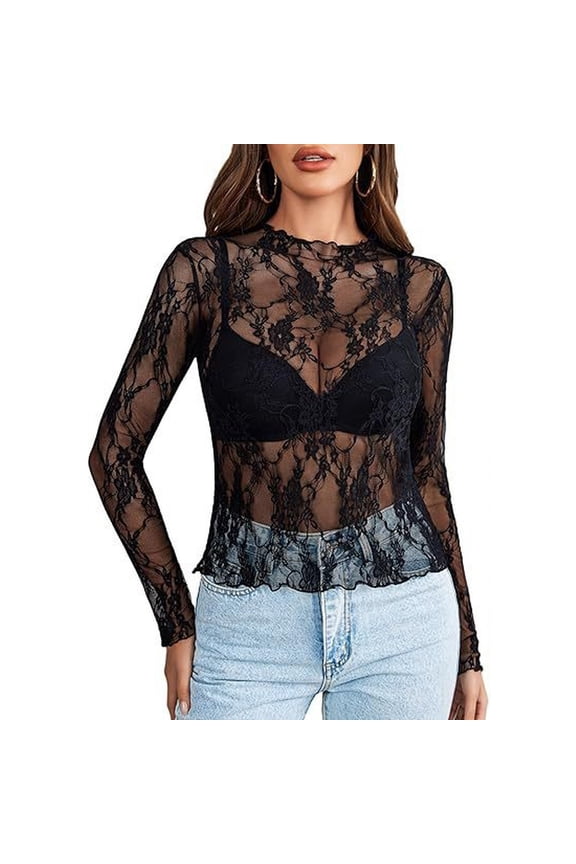 Women's Lace Long Sleeve Tops, Mock Neck Sheer Mesh Top, See Through Floral Lace Tops, Party Club Night Blouse Shirts Black L