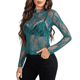 thumbnail image 1 of WULMLEO Women's Lace Long Sleeve Tops, Mock Neck Sheer Mesh Top, See Through Floral Lace Tops, Party Club Night Blouse Shirts Green L, 1 of 5