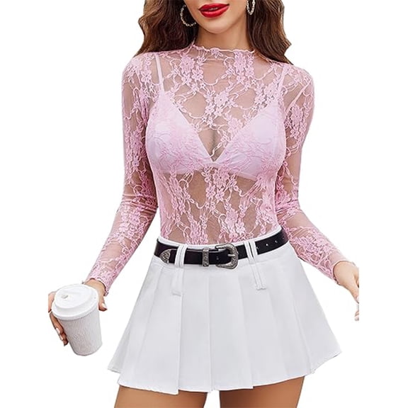 WULMLEO Women's Lace Long Sleeve Tops, Mock Neck Sheer Mesh Top, See Through Floral Lace Tops, Party Club Night Blouse Shirts Pink L