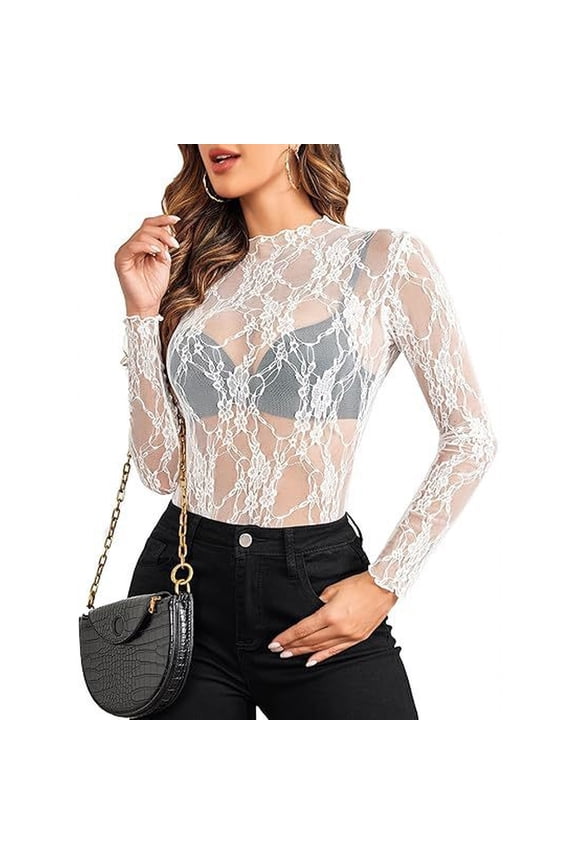 Women's Lace Long Sleeve Tops, Mock Neck Sheer Mesh Top, See Through Floral Lace Tops, Party Club Night Blouse Shirts White L