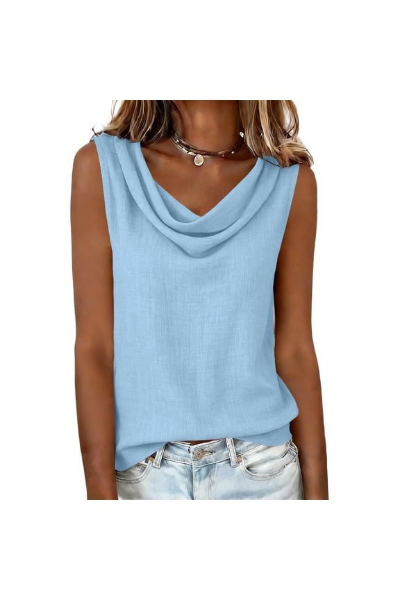 Women's Lightweight Linen Cowl Neck Sleeveless Top – Breathable & Comfortable Summer Tank in Multiple Colors Light Blue 2XL