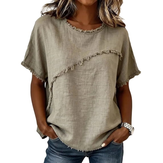 WULMLEO Women's Linen Blend Frayed Edge Tunic Top, Short Sleeve Crew Neck Casual Blouse with Raw Fringe Detail Khaki S