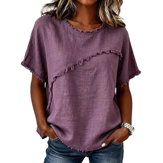 WULMLEO Women's Linen Blend Frayed Edge Tunic Top, Short Sleeve Crew Neck Casual Blouse with Raw Fringe Detail Purple XL