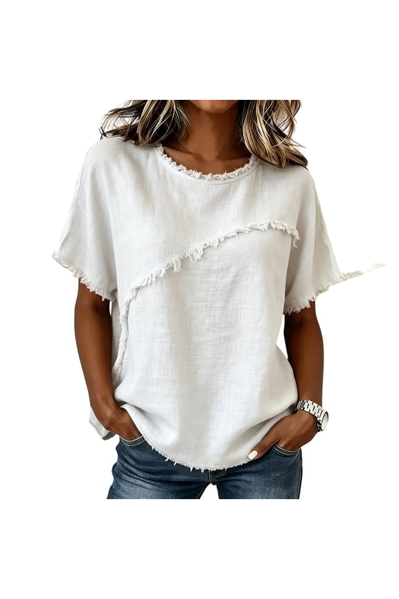 Women's Linen Blend Frayed Edge Tunic Top, Short Sleeve Crew Neck Casual Blouse with Raw Fringe Detail White S
