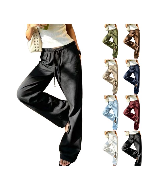 Women's Linen Blend Wide Leg Pants Elastic Drawstring High Waist Loose Split Hem Casual Trousers with Pockets Black XL