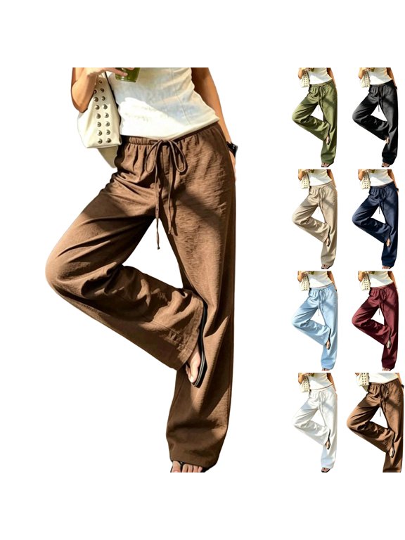 Women's Linen Blend Wide Leg Pants Elastic Drawstring High Waist Loose Split Hem Casual Trousers with Pockets Brown S