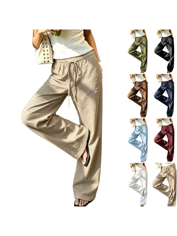 Women's Linen Blend Wide Leg Pants Elastic Drawstring High Waist Loose Split Hem Casual Trousers with Pockets Khaki 2XL