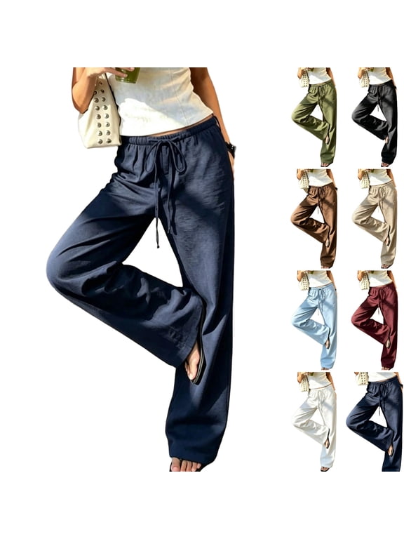 Women's Linen Blend Wide Leg Pants Elastic Drawstring High Waist Loose Split Hem Casual Trousers with Pockets Navy S