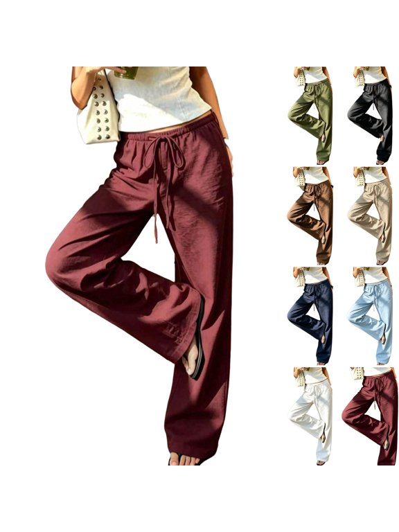 Women's Linen Blend Wide Leg Pants Elastic Drawstring High Waist Loose Split Hem Casual Trousers with Pockets Wine XL