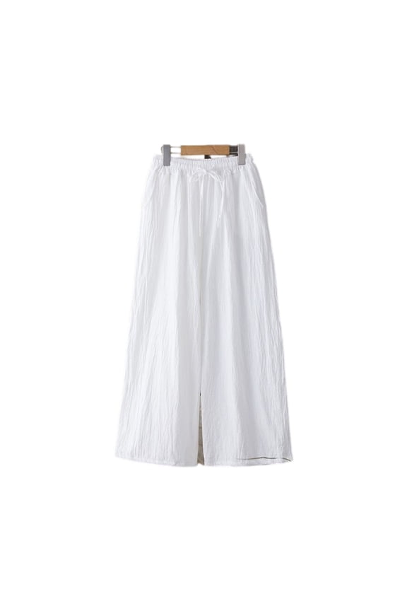 Women's Linen Wide Leg Pants Casual Summer Bottoms with Drawstring White XL