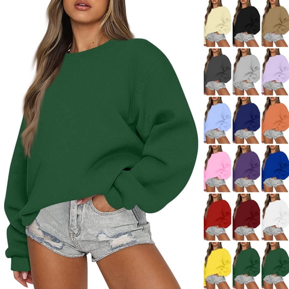 WULMLEO Women's Long Sleeve Crew Neck Oversized Sweatshirts Casual Daily Lounge Wear Pullover Tops Plain Fall Winter Loose Fit Sweater Dark Green 2XL