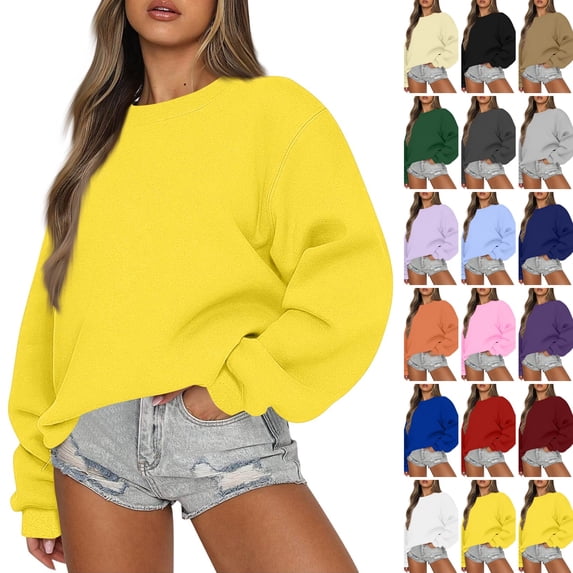 WULMLEO Women's Long Sleeve Crew Neck Oversized Sweatshirts Casual Daily Lounge Wear Pullover Tops Plain Fall Winter Loose Fit Sweater Yellow XL
