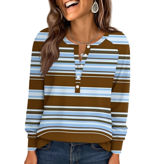 WULMLEO Women's Long Sleeve Shirts 2025 Fall Fashion Dressy Casual Tops Trendy Henley Blouses Cute Work Outfits Clothes Dark Blue 3XL