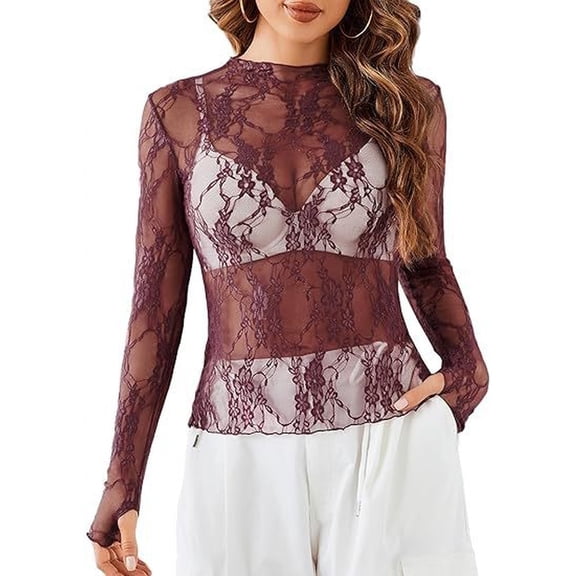 WULMLEO Women's Mesh Top Long Sleeve Mock Neck Sheer Blouse See Through Floral Lace Tops Purple 2XL