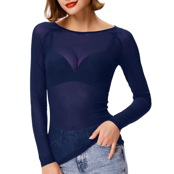 WULMLEO Women's Mesh Tops See Through Shirts Long Sleeve Bodycon Sheer Blouse Clubwear Dark Blue XL