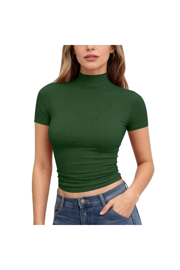 Women's Mock Neck Short Sleeve Crop Tops Stretchy Slim Fit Tees Ribbed Knit Basic Tshirts Dark Green Polyester