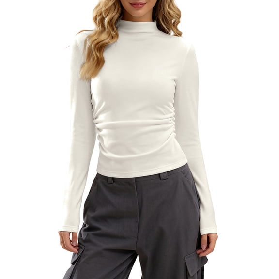 WULMLEO Women's Mock Turtleneck Shirt Long Sleeve Slim Fitted Basic Tee Undershirt Top Beige M