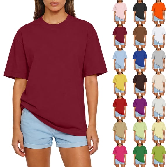 WULMLEO Women's Oversized Crew Neck T-Shirt Burgundy Soft Cotton Short Sleeve Tops Casual Loose Fit for Daily Summer Wear Beach Vacation Red M