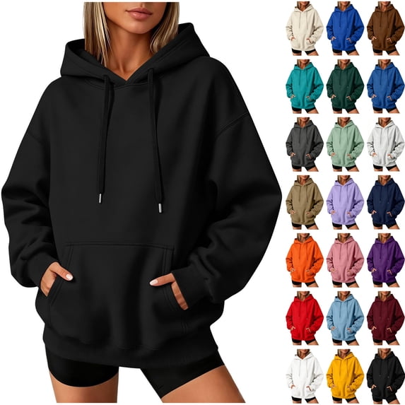 WULMLEO Women's Oversized Hoodies Drawstring Long Sleeve Sweatshirts with Pocket Fall Winter Casual Pullover Tops Black XL