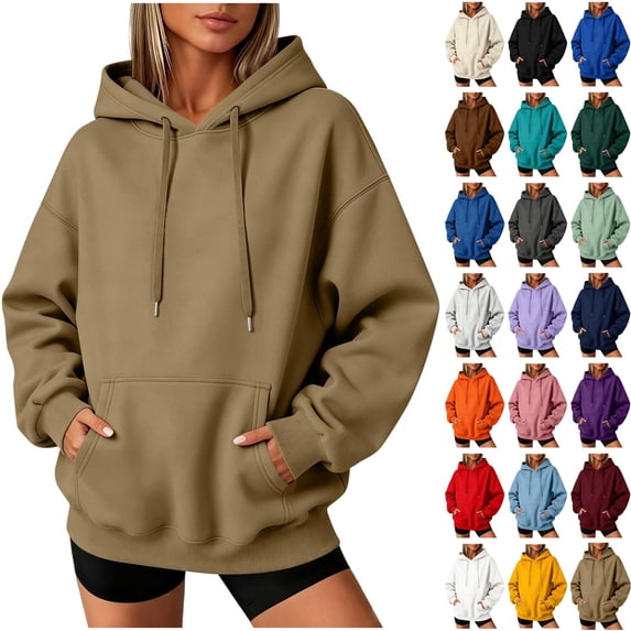 WULMLEO Women's Oversized Hoodies Drawstring Long Sleeve Sweatshirts with Pocket Fall Winter Casual Pullover Tops Khaki L