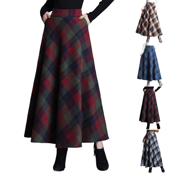 WULMLEO Women's Plaid Skirt Warm Elastic Waist Wool A-Line Pleated Tartan Winter Long Skirts Deep Red XL