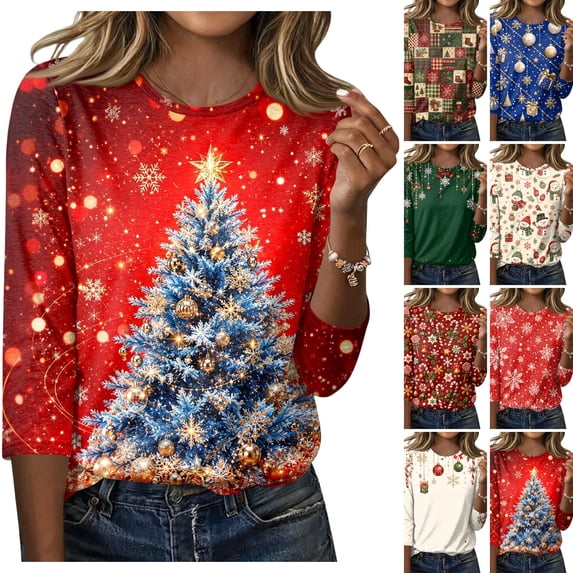 WULMLEO Women's Plus Size Christmas Crew Neck Shirts For Women 3/4 Sleeve Tops Holiday Graphic Tees Deep Red XL