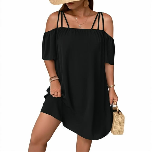WULMLEO Women's Plus Size Dresses Off Shoulder Short Sleeve Short Dresses Causal Loose Tunic Summer Dress Black 3XL