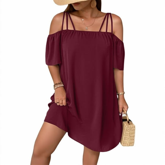 WULMLEO Women's Plus Size Dresses Off Shoulder Short Sleeve Short Dresses Causal Loose Tunic Summer Dress Wine 4XL