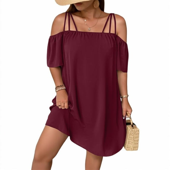 WULMLEO Women's Plus Size Dresses Off Shoulder Short Sleeve Short Dresses Causal Loose Tunic Summer Dress Wine 5XL