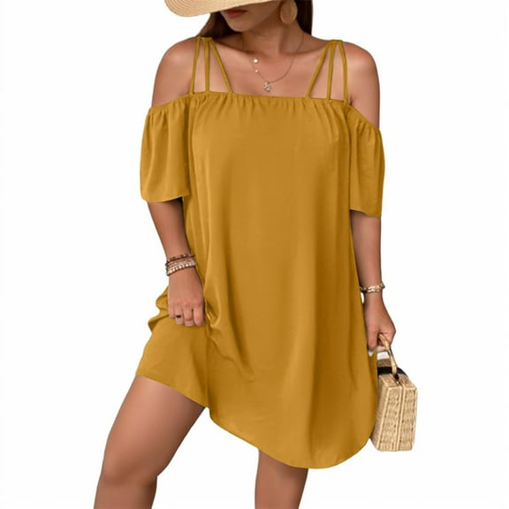 WULMLEO Women's Plus Size Dresses Off Shoulder Short Sleeve Short Dresses Causal Loose Tunic Summer Dress Yellow 2XL