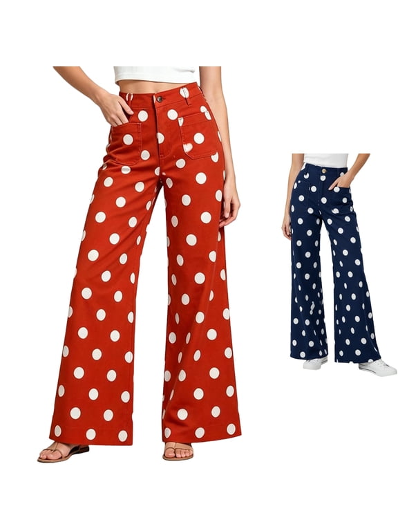 Women's Retro Polka Dot Pattern High Waisted Wide Leg Jeans with Patch Pockets Orange L