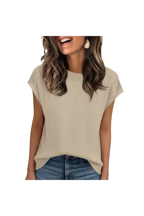 Women's Ribbed Sleeveless Crew Neck Top Casual Summer Tops for Layering Khaki L