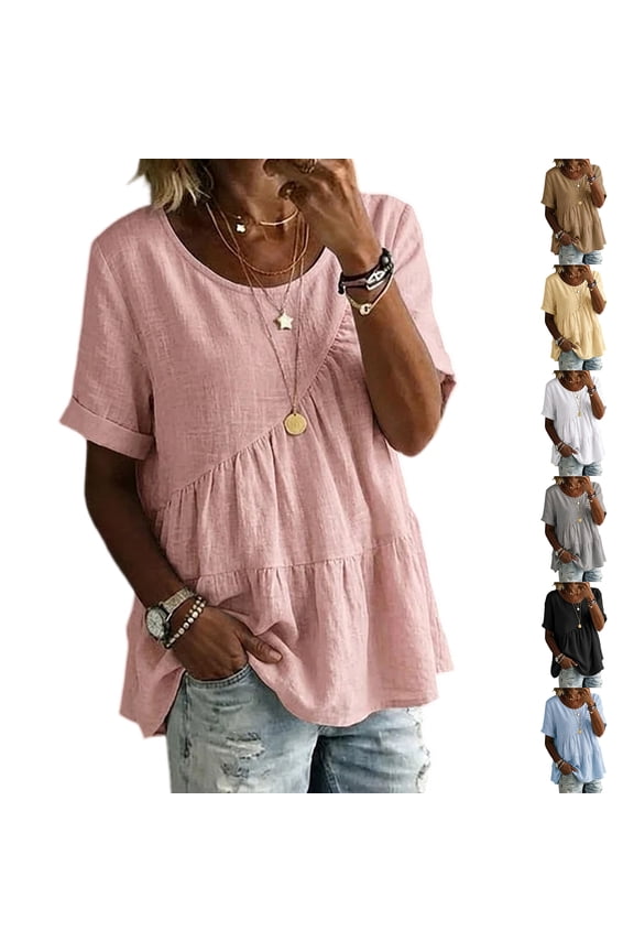 Women's Round Neck Tiered Babydoll Blouse, Short Sleeve Linen-Like Casual Tunic Tops, Loose Fit Summer Flowy Shirts Pink XL