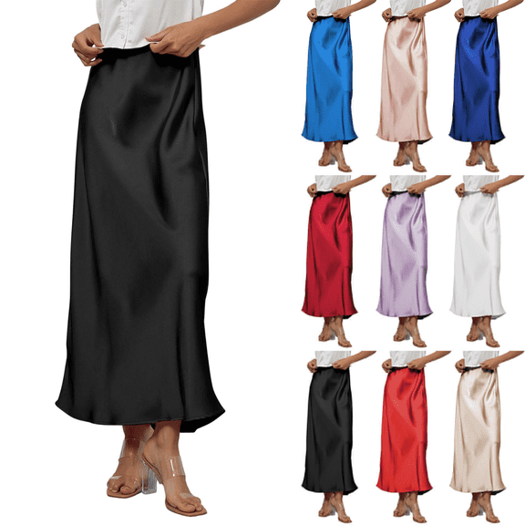 WULMLEO Women's Satin High Waisted Maxi Skirts Silk Elegant A Line Long Skirt Summer Fall Cocktail Party Wedding Flowy Skirts Black M