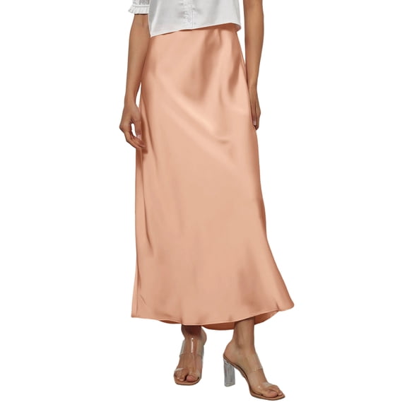 WULMLEO Women's Satin High Waisted Maxi Skirts Silk Elegant A Line Long Skirt Summer Fall Cocktail Party Wedding Flowy Skirts Orange S
