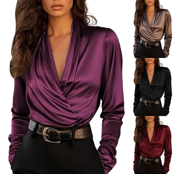WULMLEO Women's Satin Silky Draped Wrap V Neck Ruched Long Sleeve Blouse Shirt Top Solid Casual Work Dressy Shirts Top Purple S