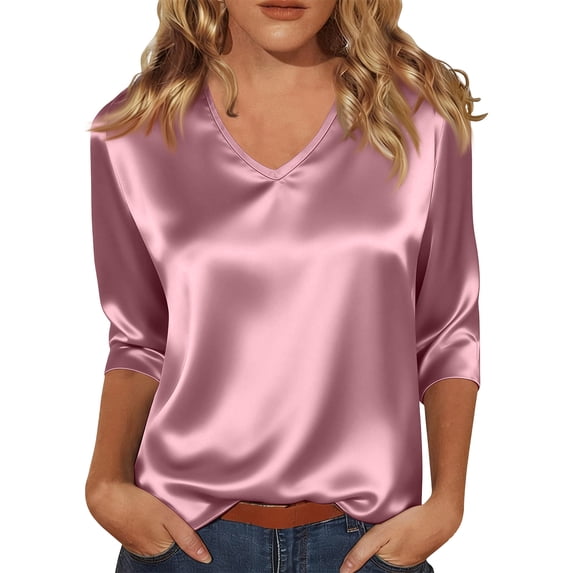 WULMLEO Women's Satin V-Neck 3/4 Sleeve Blouse Silky Casual Tops for Summer Night Out Pink L