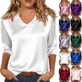 thumbnail image 1 of WULMLEO Women's Satin V-Neck 3/4 Sleeve Blouse Silky Casual Tops for Summer Night Out White M, 1 of 7