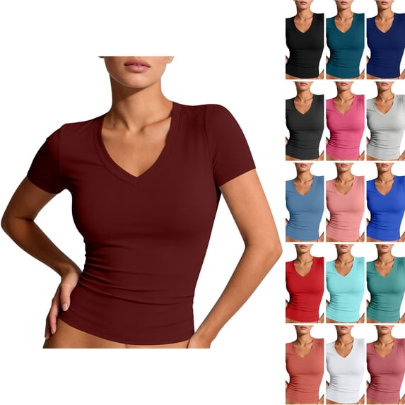 WULMLEO Women's Shirts Summer Y2k V Neck Short Sleeve Blouses Basic Casual Work T-Shirts Lounge Trendy Comfort Tees Wine S