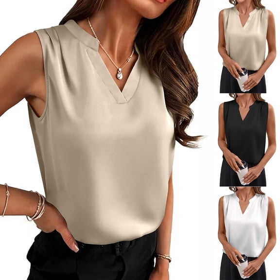 WULMLEO Women's Silk Satin Camisole Tank Tops V Neck Pleated Dressy Casual Sleeveless Blouses Summer Business Work Shirts White S