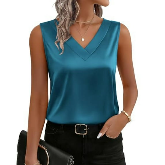 WULMLEO Women's Silk Satin Tank Tops V Neck Casual Camisoles Sleeveless Business Work Blouses Dressy Summer Shirts Clothes Blue L