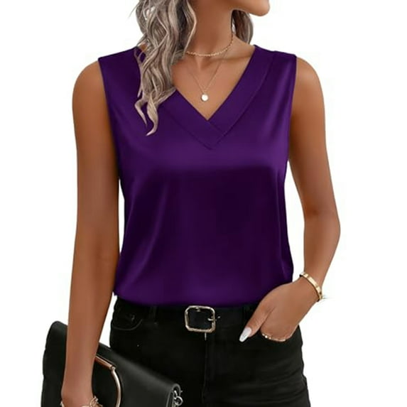 WULMLEO Women's Silk Satin Tank Tops V Neck Casual Camisoles Sleeveless Business Work Blouses Dressy Summer Shirts Clothes Dark Purple S