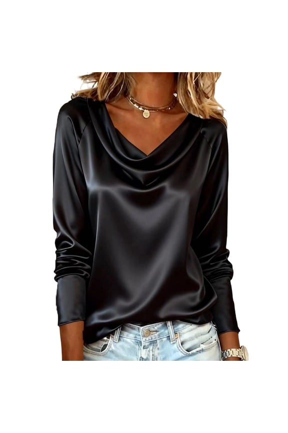 Women's Silky Satin Tops Elegant Cowl Neck Long Sleeve Ruched Shirts Casual Office Work Silk Shirts Black M
