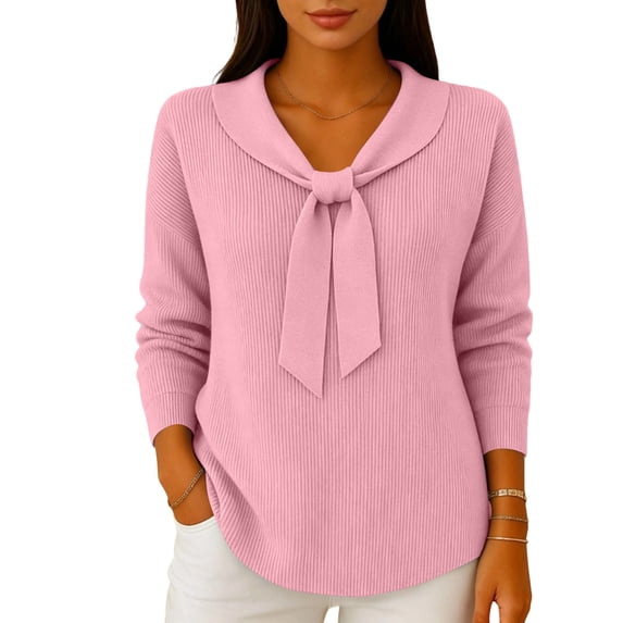 WULMLEO Women's Solid Color Ribbed Knit Sweaters Bow Tie Neck Long Sleeves Cozy Fashionable Fall/Winter Top Pink M