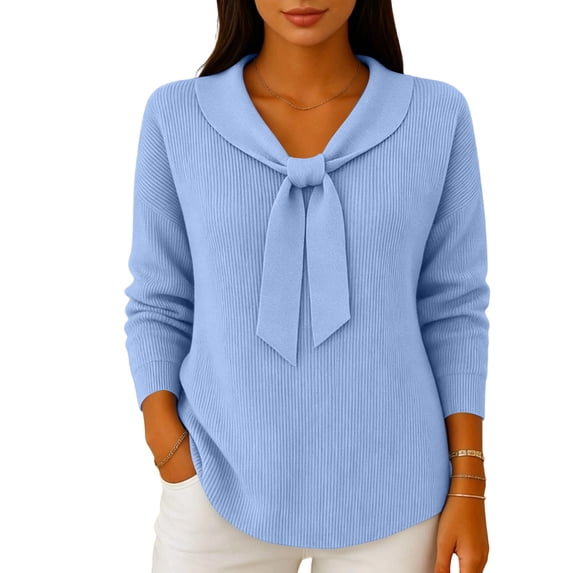 WULMLEO Women's Solid Color Ribbed Knit Sweaters Bow Tie Neck Long Sleeves Cozy Fashionable Fall/Winter Top Sky Blue XL