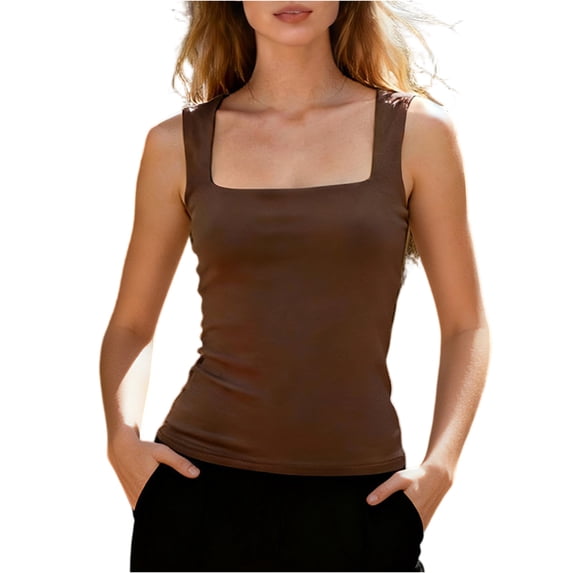 WULMLEO Women's Square Neck Sleeveless Double-Layer Tank Tops Basic Tight T Shirts Coffee M