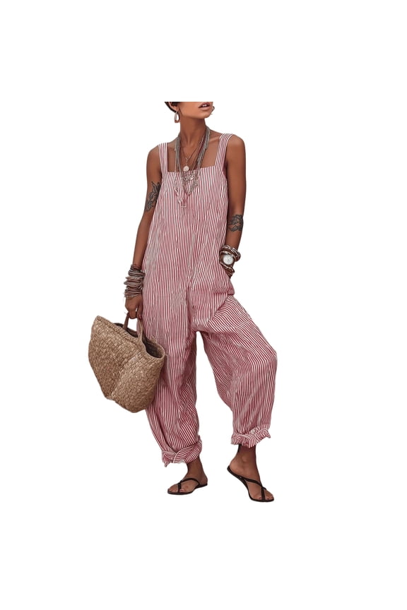 Women's Striped Loose Fit Square Neck Rompers Sleeveless Minimalist Wide Leg Jumpsuit with Pockets Summer Casual Overall Dressy 2026 Overalls Red XL